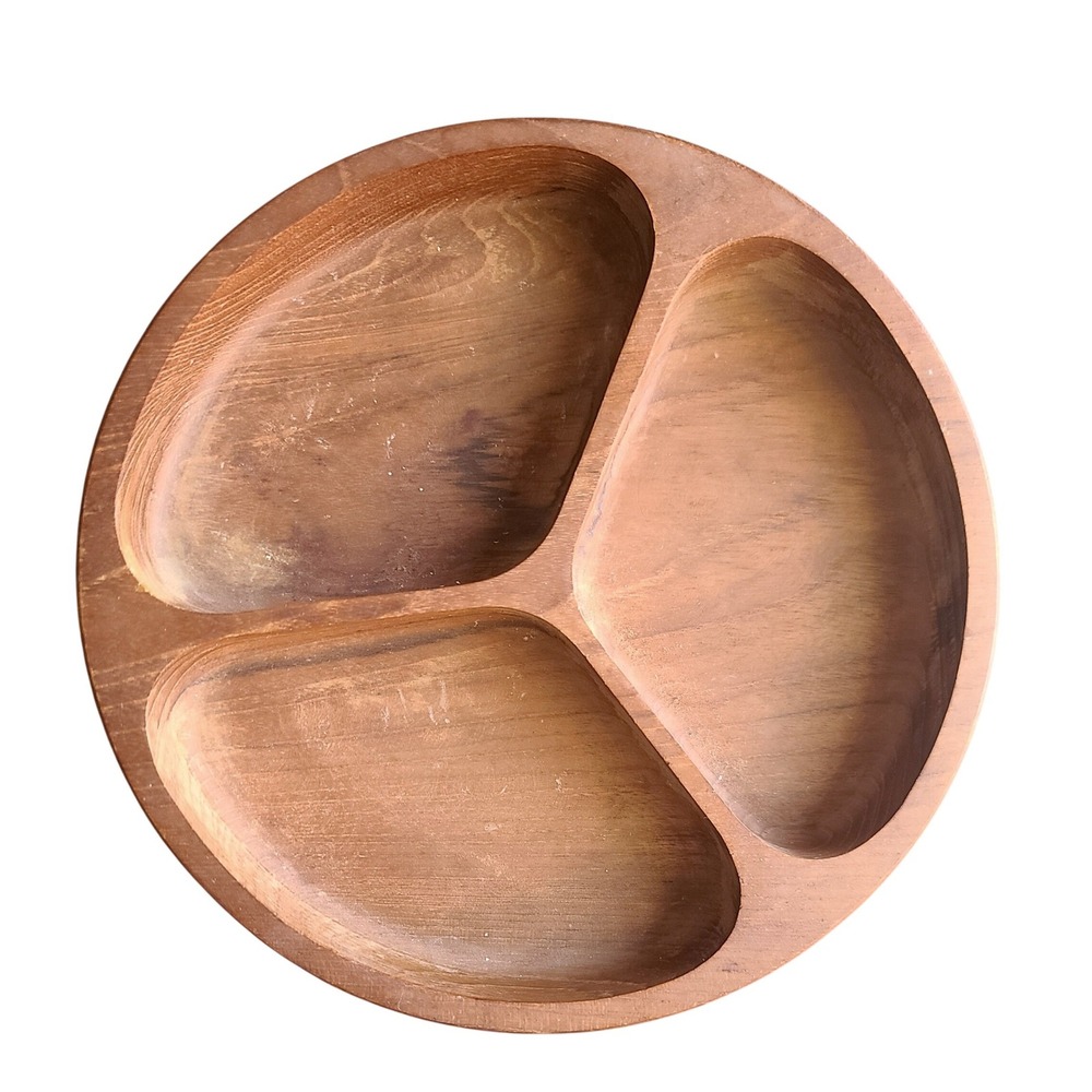 Vintage Genuine Teakwood‎ Divided Serving Tray 10" Round Thailand Rustic Dolphin